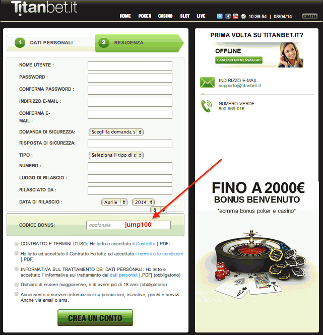 Registrati codice bonus titanbet