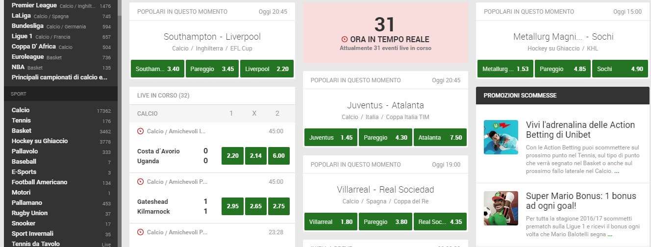 Palinsesto sportivo Unibet palinsesto